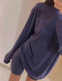 Lazy Skin-friendly Texture Loose Long-sleeved T-shirt For Women - Dark Blue Shorts - View 1