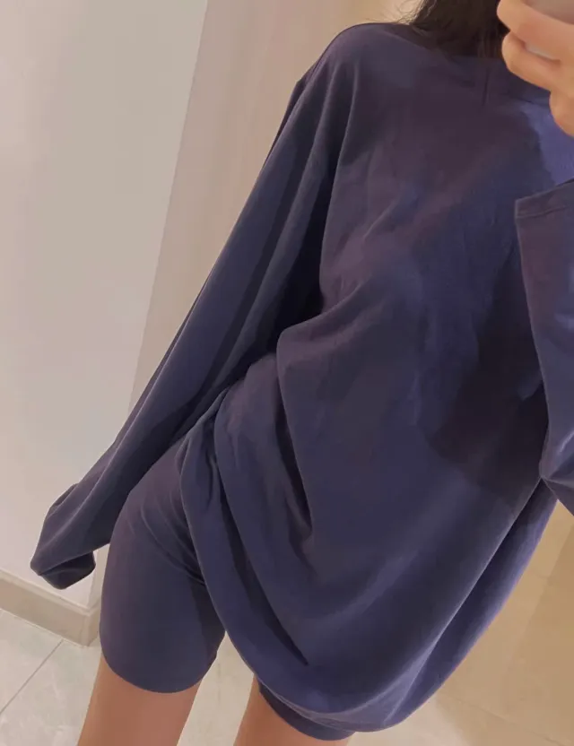 Lazy Skin friendly Texture Loose Long sleeved T shirt For Women Dark Blue Shorts - Shop at LoveMi