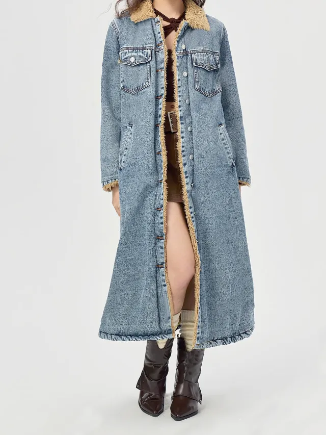 European And American Loose Long Velvet Lining Cotton padded Coat Denim Coat Blue - Shop at LoveMi