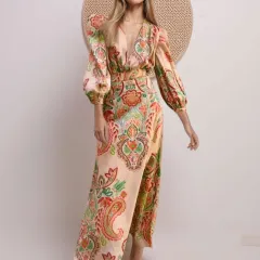 Ethnic Style V-neck Long Sleeve Tight Waist Slimming Sense Of Design A- Line Dress Women - View 1