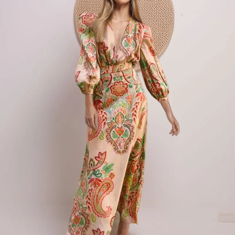 Ethnic Style V-neck Long Sleeve Tight Waist Slimming Sense Of Design A- Line Dress Women