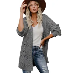 Autumn And Winter Sweater Cardigan Solid Colour Knitted Button Coat For Women - Lc271664 Grey - View 1