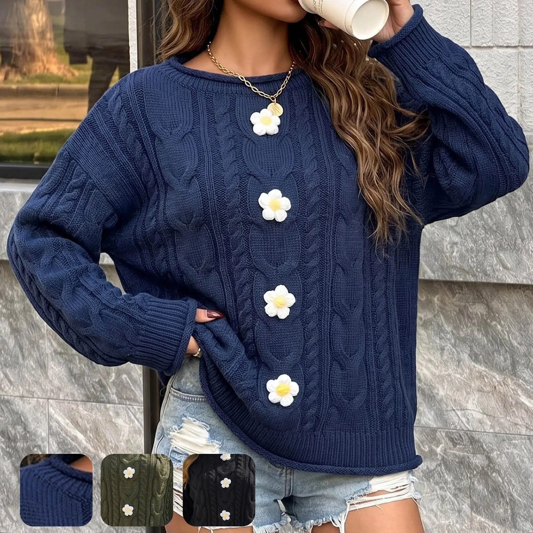 Womens Hand-Knitted Crochet Patchwork Loose-Fit Pullover Sweater