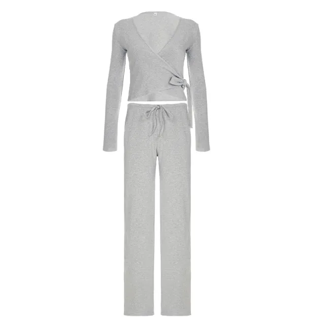 Casual Lace Up Bell Sleeve Top Velvet Padded Loose Trousers Pajamas Two piece Set Gray - Shop at LoveMi