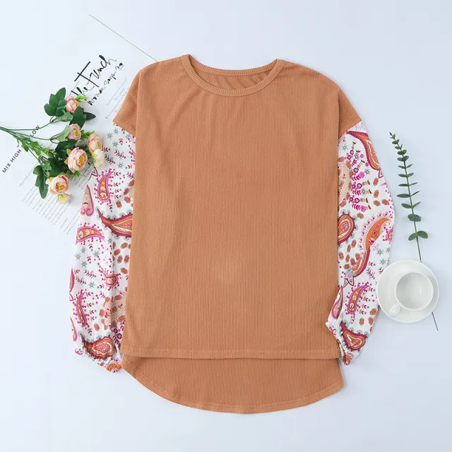 Women's Long Sleeve Printed Round Neck Pullover Loose Top Orange - Shop at LoveMi