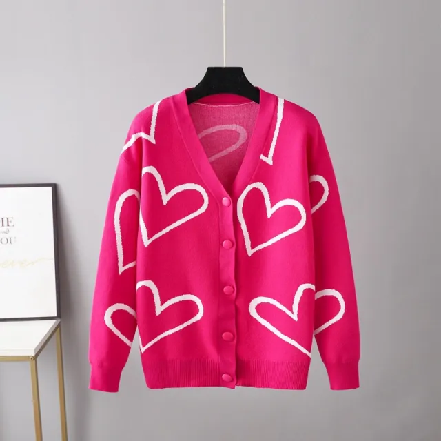 European And American Knitwear Sweater Love Short Cardigan Coat Rose Red - Shop at LoveMi