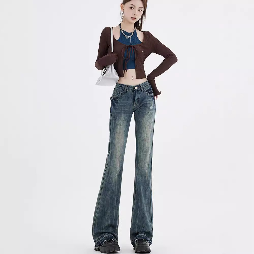 Retro High-waisted Slightly Flared Embroidered Distressed High-street Jeans — image 1