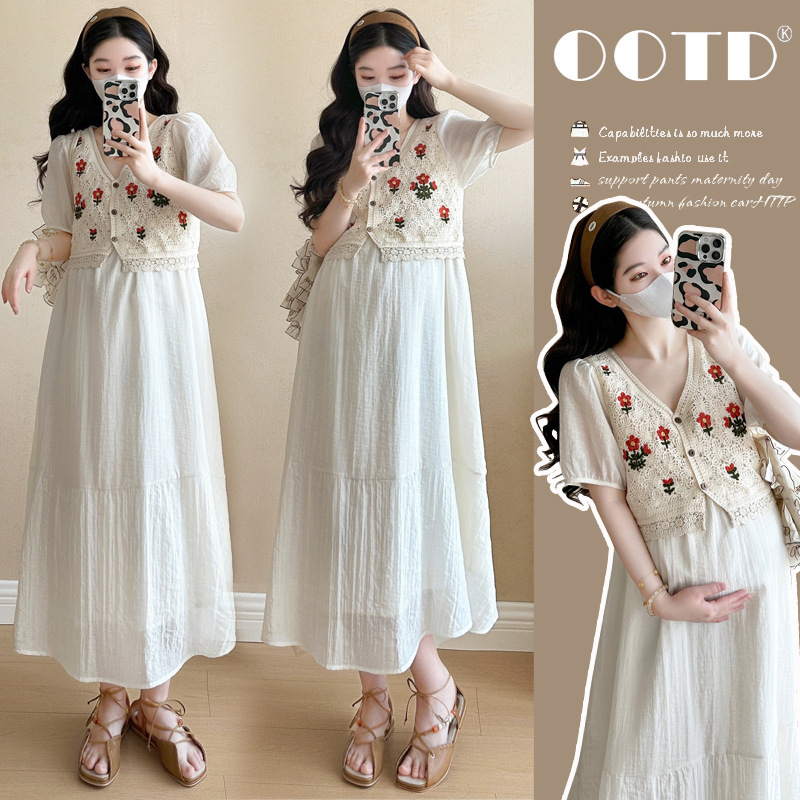 Fashionable Crochet Vest-Look Fake Two-Piece Maternity Dress