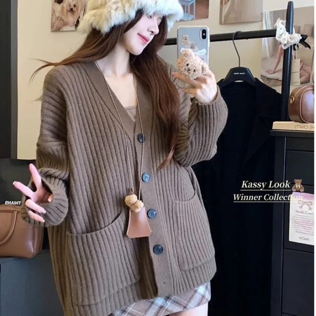 Long sleeve Cardigan Sweater Women Knit Casual Loose Solid Color Coat Top Brown - Shop at LoveMi