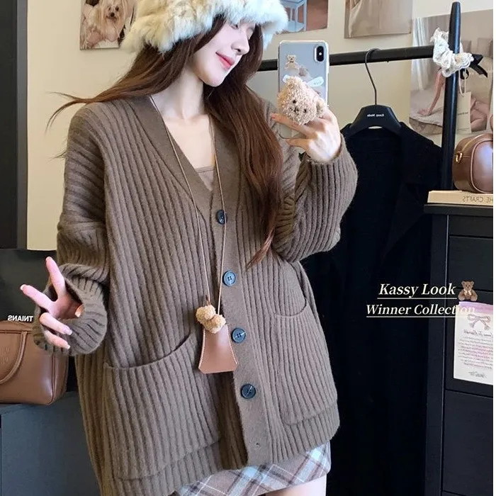 Long-sleeve Cardigan Sweater Women Knit Casual Loose Solid Color Coat Top - Brown