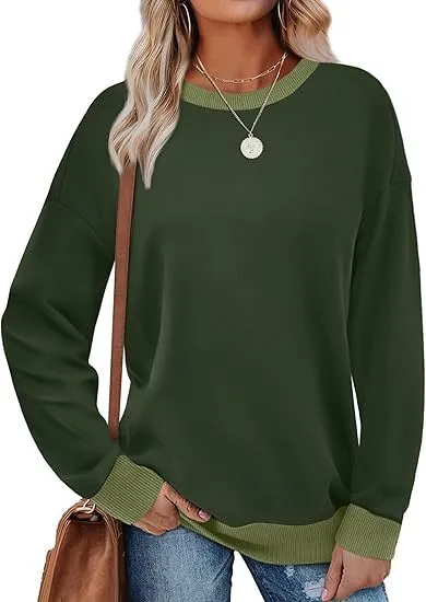 Women's Sweatshirt Crew Neck Long Sleeve Loose Color Matching Olive Green - Shop at LoveMi