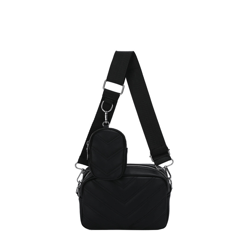 Simple Embroidered Line Shoulder Bag Soft Leather Textured Retro Black - Shop at LoveMi