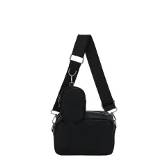 Simple Embroidered Line Shoulder Bag Soft Leather Textured Retro - Black - View 1