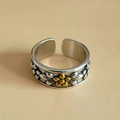 Vintage Antique Silver Gold Flower Open Ring - Gold - View 1