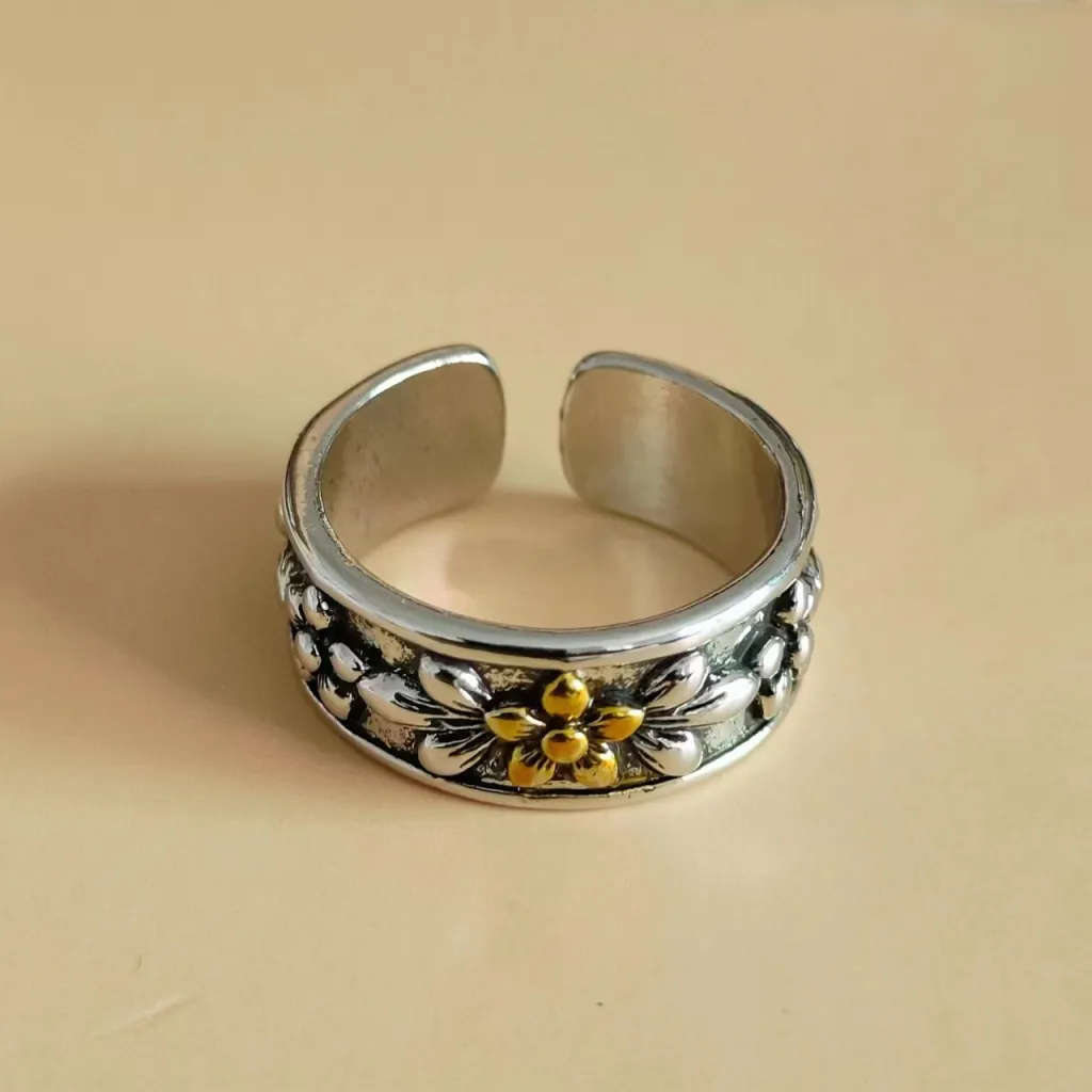 Vintage Antique Silver Gold Flower Open Ring - Gold