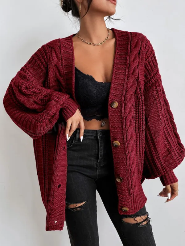 V neck Sweater Women's Retro Fashion Loose Twist Knitted Coat Wine Red - Shop at LoveMi
