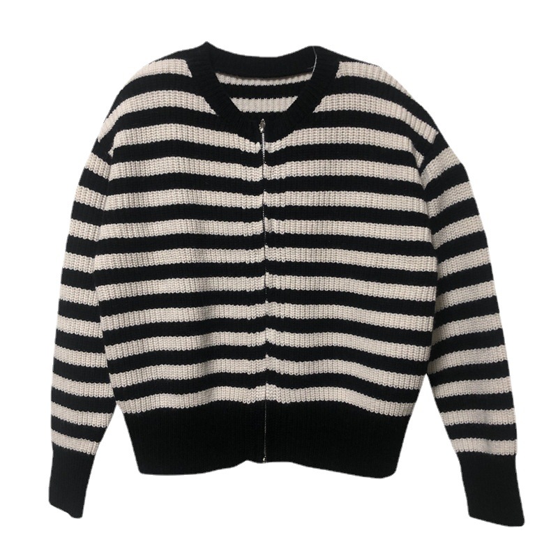 Mixed Color Stripe Zipper Knitted Cardigan