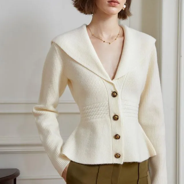 French Style Large Lapel Nipped Waist Knit Sweater Women's Coat Beige - Shop at LoveMi