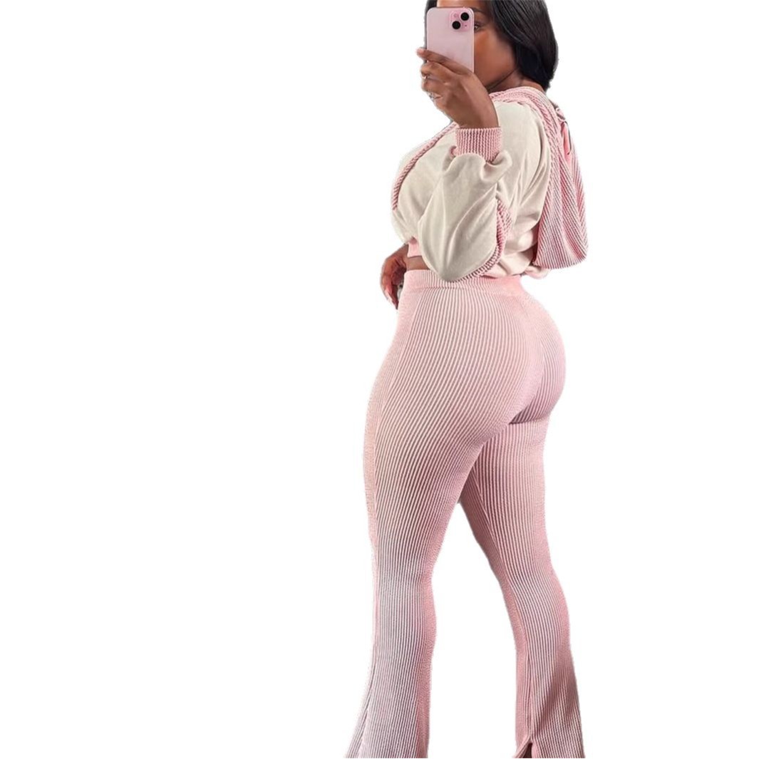 Fashion Sunken Stripe Hooded Suits Slim Fit Patchwork Long Sleeve Top And Trousers