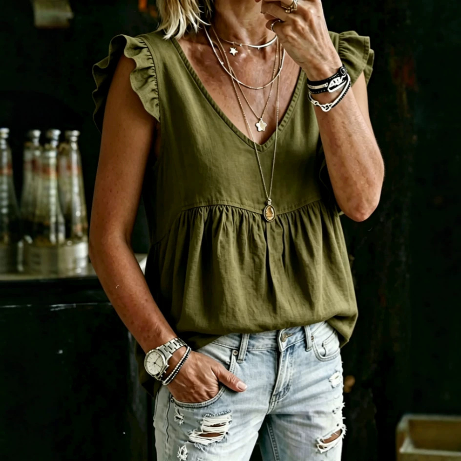 Womens Loose-fit Casual Comfortable V-neck Ruffled T-shirt Top