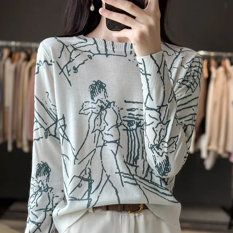 Round Neck Printed Silk Worsted Wool Sweater Pullover - Free Space
