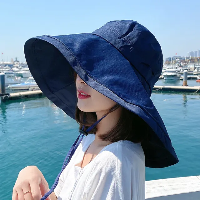 Wide Brim Neck Protection Protection Hat Female UV Protection Outdoor Big Brim Sun Hat Navy - Shop at LoveMi