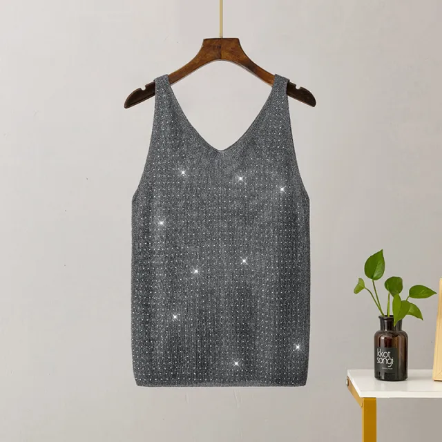 Ice Silk Knitted Bright Thread Diamond encrusted V neck Camisole Dark Gray - Shop at LoveMi