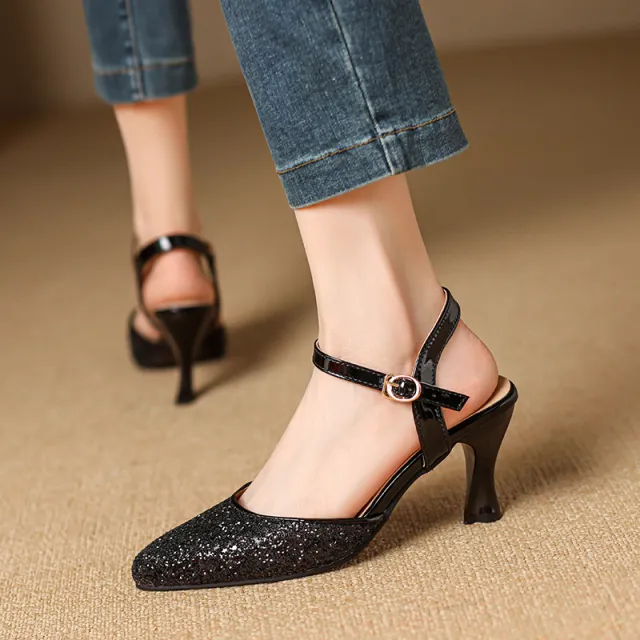 Closed Toe Back Empty Ankle strap Buckle Sandals Women's Silver High Heel Black - Shop at LoveMi