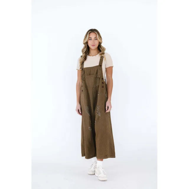 Retro Make Old Ripped Loose Wide Leg Denim Suspender Pants Brown - Shop at LoveMi