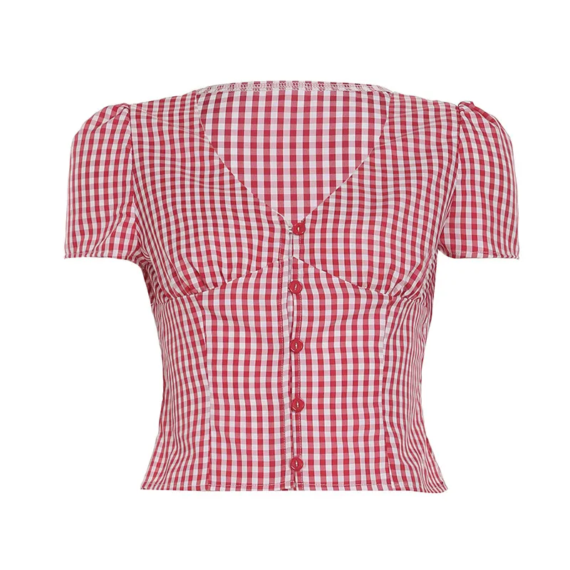 Basic Plaid Contrast Color Minimalist V-neck Waist-controlled Slimming Short Sleeve - Red
