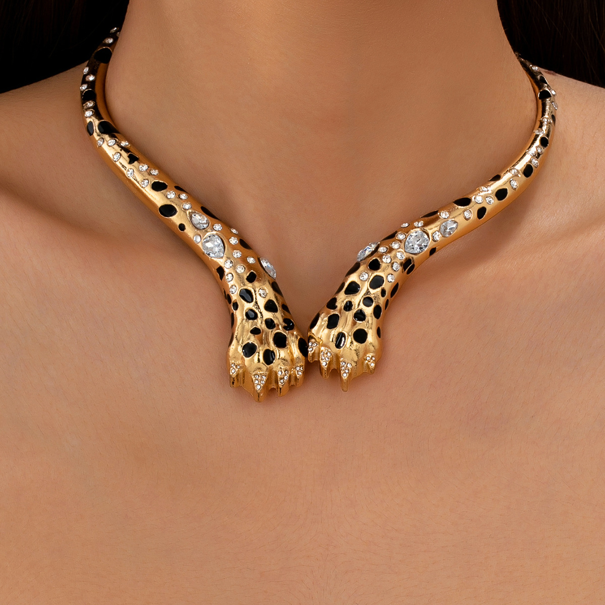 Retro Fashion All-Match Gold Leopard-Print Diamond-Inlaid Necklace For Women