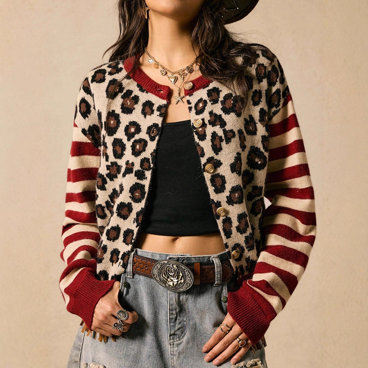 Womens Crew-neck Striped Drop-shoulder Top And Leopard-print Long-sleeve Cardigan