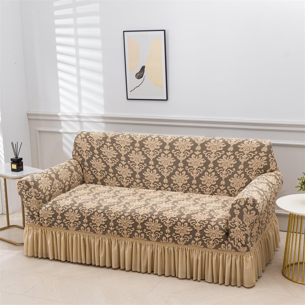 Black Silk Embossed Jacquard Skirt-style Stretch Living Room Sofa Cover