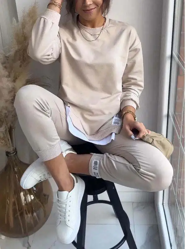 Women's Sports Suit Fashion Slit Design Sweatshirt Top And Slim fit Trousers Sweatpants Casual Two Piece Set Outfit Apricot - Shop at LoveMi