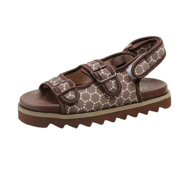 Retro Round Head Thick Bottom Velcro Sandals Women Brown - Shop at LoveMi