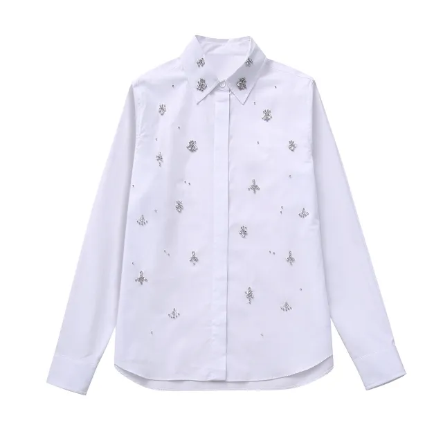 New Fall Women's Clothing European And American Style Jewelry Inlaid Poplin Shirt White - Shop at LoveMi