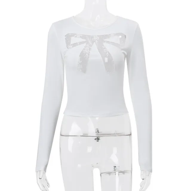 Round Neck Bowknot Printed Midriff baring Long Sleeve Top T shirt White - Shop at LoveMi