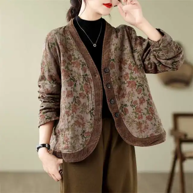 Ethnic Style Literary Style Women's Jacquard Single breasted Puffer Jacket - Shop at LoveMi