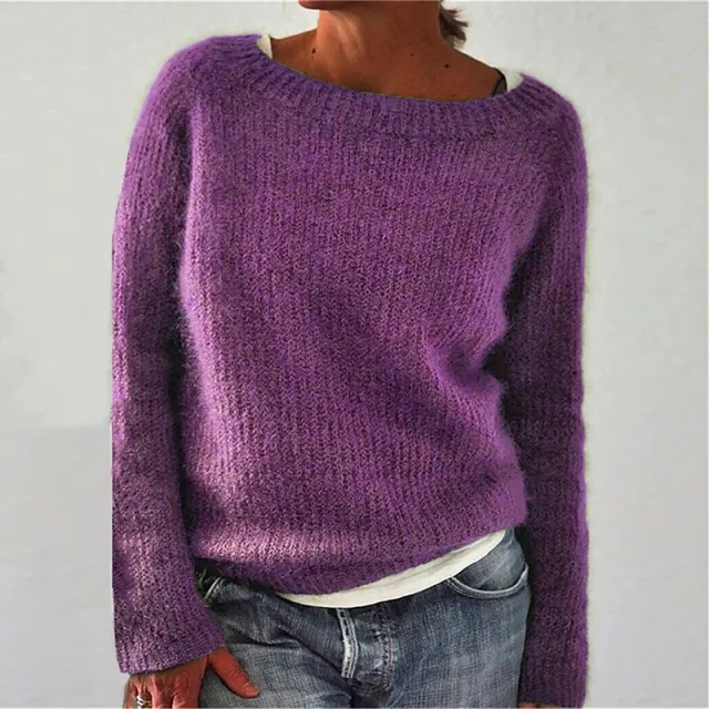 Women's Sweater Solid Color Static Version Basic Style Round Neck Purple - Shop at LoveMi