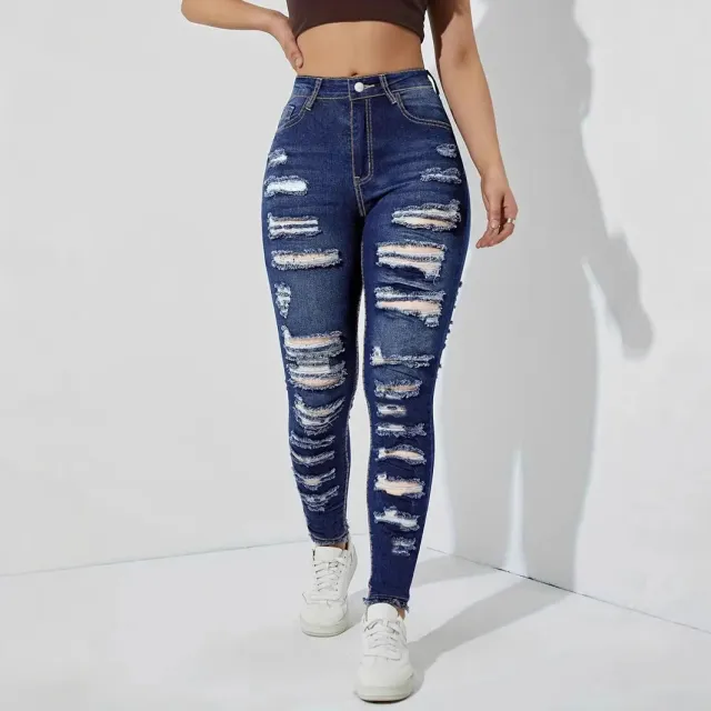 Women's Ripped Frayed Stretch Denim Skinny Pants Dark Blue - Shop at LoveMi