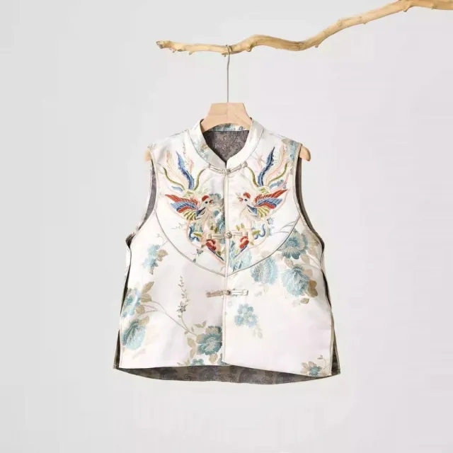 Split Stand Collar Machine Embroidery New National Style Retro Buckle Vest For Women Blue - Shop at LoveMi