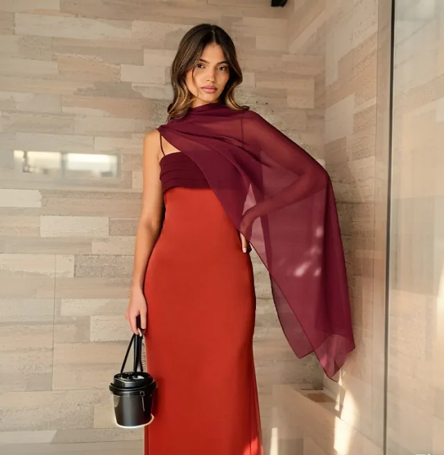 Two tone Pleated Long Slit Sling Dress Red - Shop at LoveMi