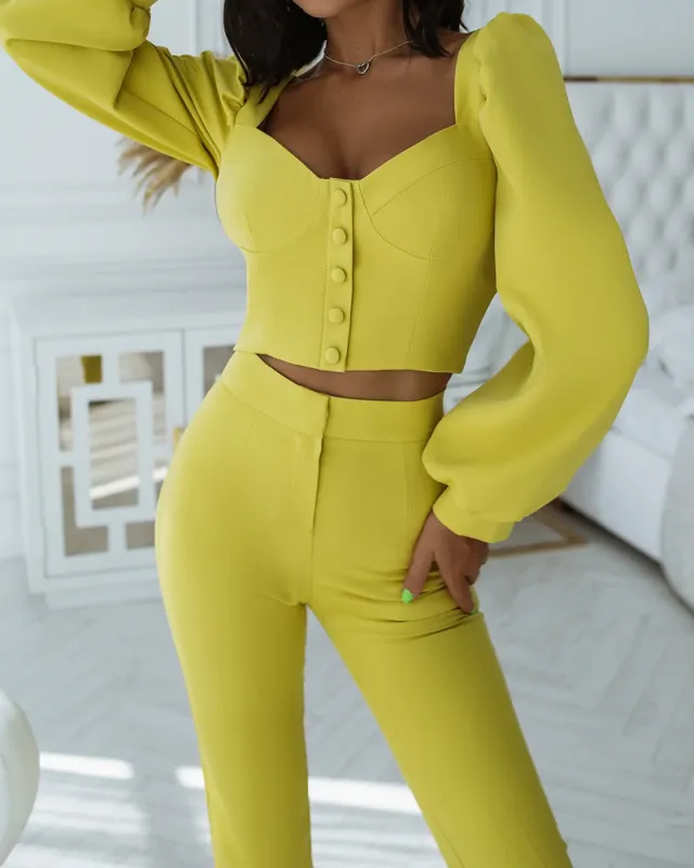 Casual Palace Style Bishop Sleeves Top Bell bottom Pants Suit Yellow - Shop at LoveMi