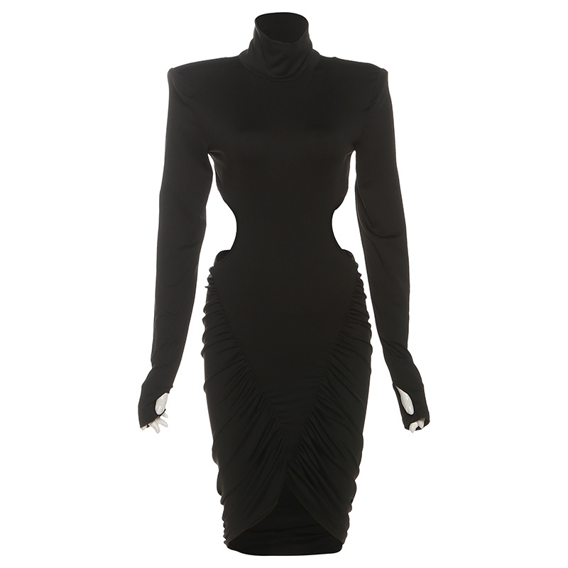 New Autumn High Neck Pleated Bodycon Long Sleeve Dress Black - Shop at LoveMi