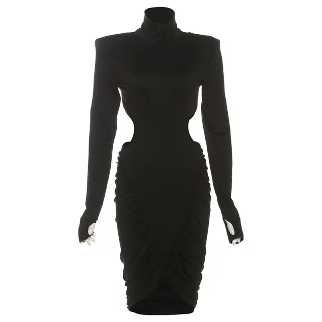 New Autumn High Neck Pleated Bodycon Long Sleeve Dress Black - Shop at LoveMi