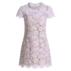 Women's Purple Flower Lace Short Sleeve Round Neck Dress - Purple - View 1