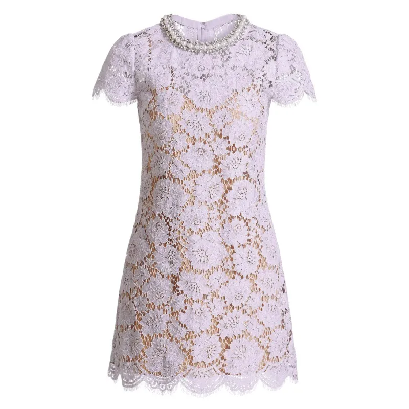 Women's Purple Flower Lace Short Sleeve Round Neck Dress - Purple