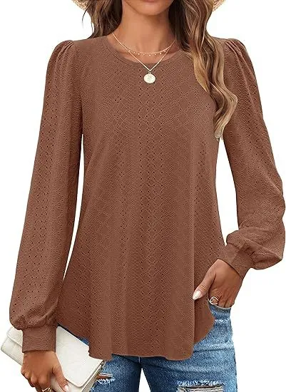Women's Loose Casual Lantern Sleeve Long Sleeve T shirt Brown - Shop at LoveMi