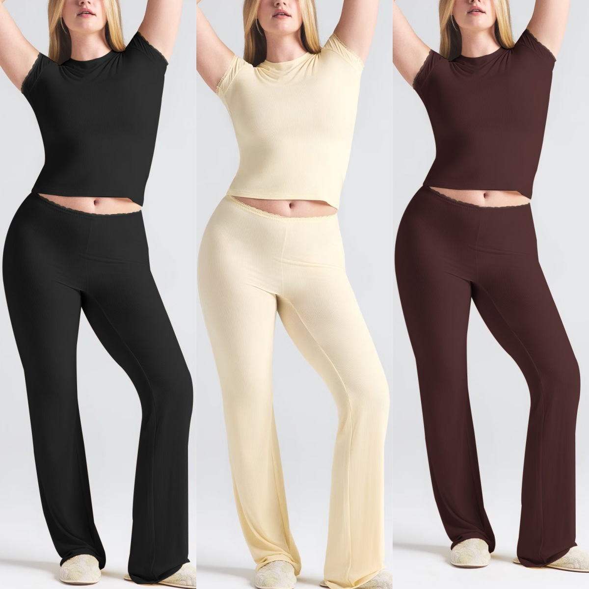 Solid-color Two-piece Set Short-sleeve Top And Long Pants For Women