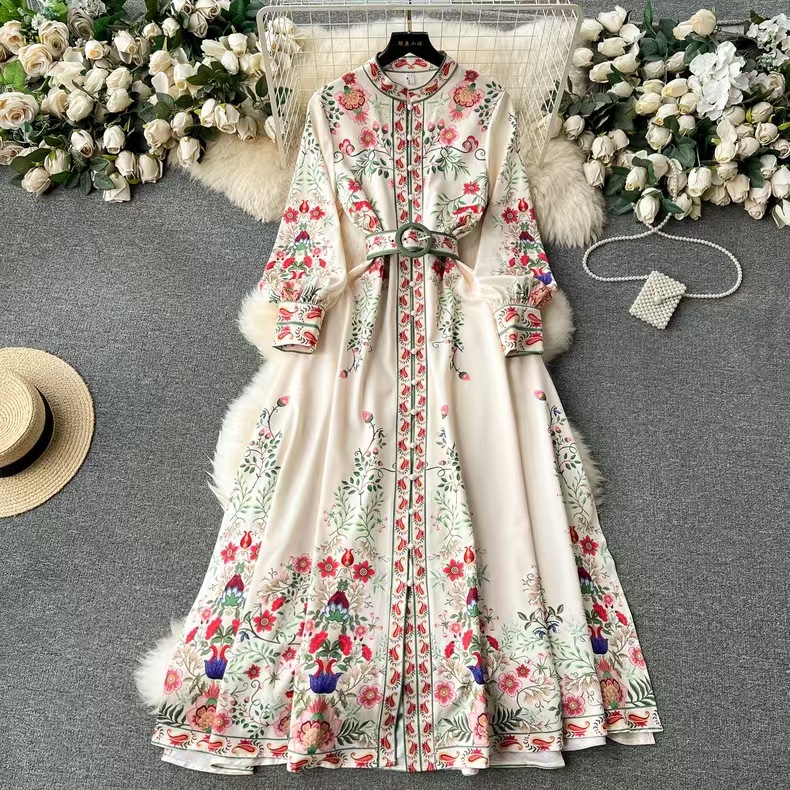 Stand Collar Single-breasted Lantern Sleeve Waist-controlled Large Hem Long Dress